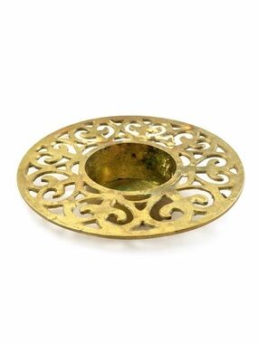 Solid Brass Candle Holder 4.5” Pierced Scroll Design Round Low Profile Patina